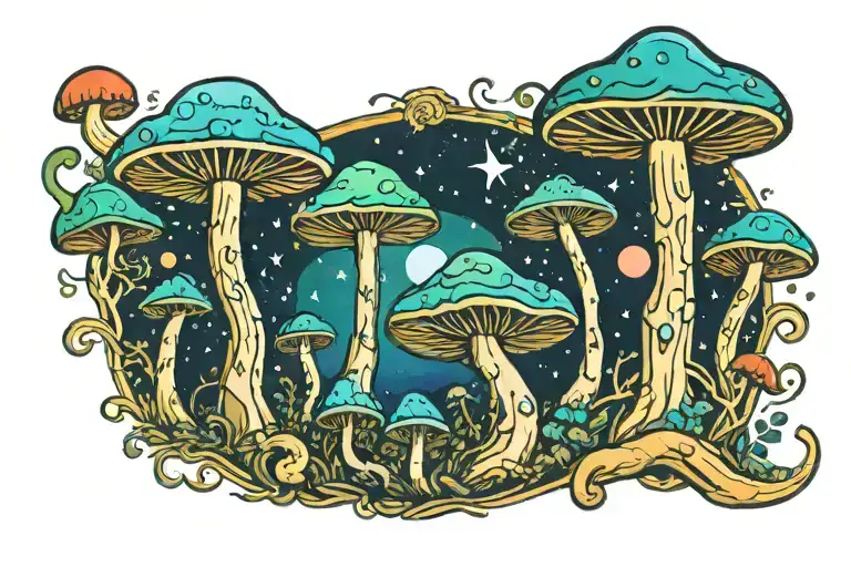 Psychedelic Mushroom With Van Gogh Theme Based On Stary Night In Backround