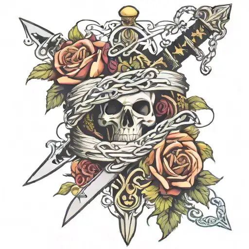Sword With Barbed Wire And Roses Wrapped Around