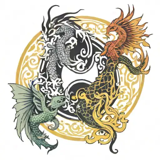 Yin And Yang With Dragons And Phoenix