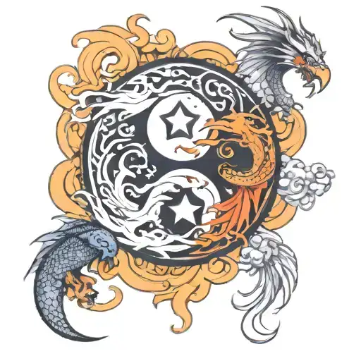 Yin And Yang With Dragons And Phoenix