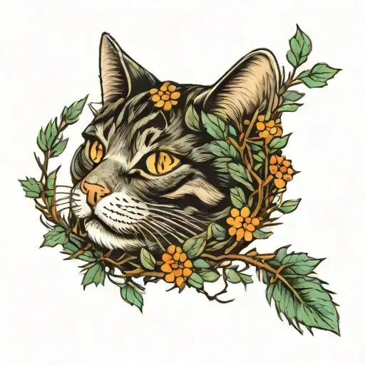 A Cat Surrounded With Fir Branches And Trollius