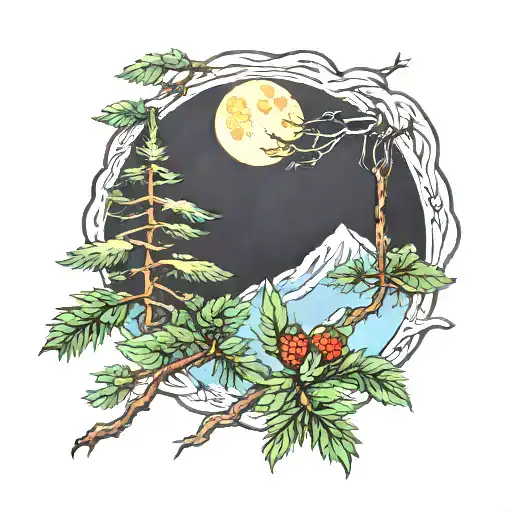 Siberian Pine Tree With Strawberry Moon