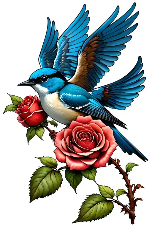 Blue Wren With Wings Outstretched Flying Around A Rose Stem