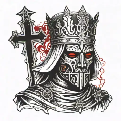 King Baldwin Iv With The Metal Mask And Crosses In Background With Red And Black Ink Prayer