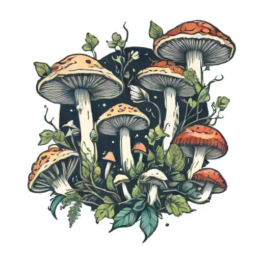 Group Of Mushrooms Surrounded By Moss And Other Plant Life