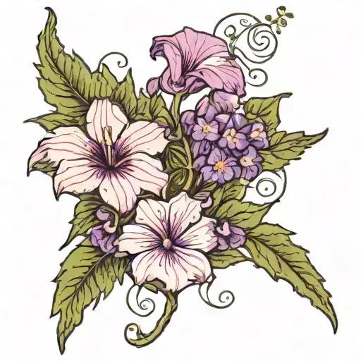 Spruce Tree And Violets And Morning Glory Flower