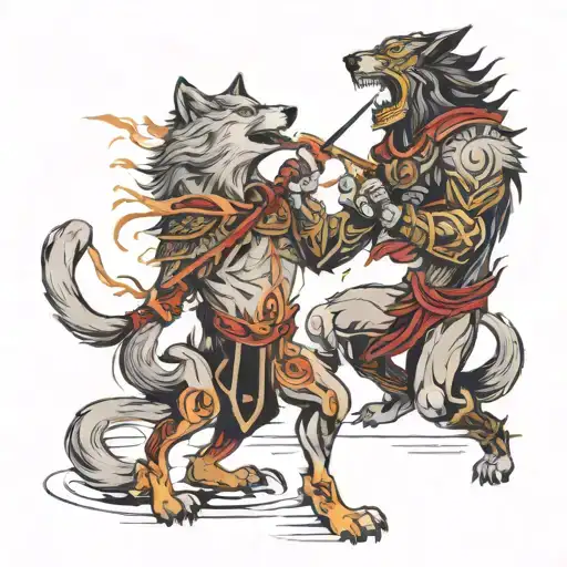Wolf And Warrior Battling