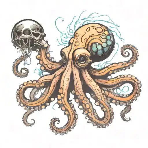 Octopus Holding Trident Jellyfish Shipwreck