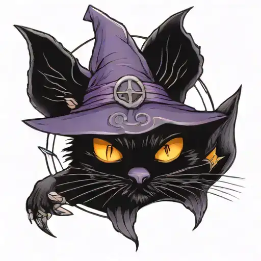 Jack-o-lantern With Acute Black Cat Wearing A Purple Witches Hat
