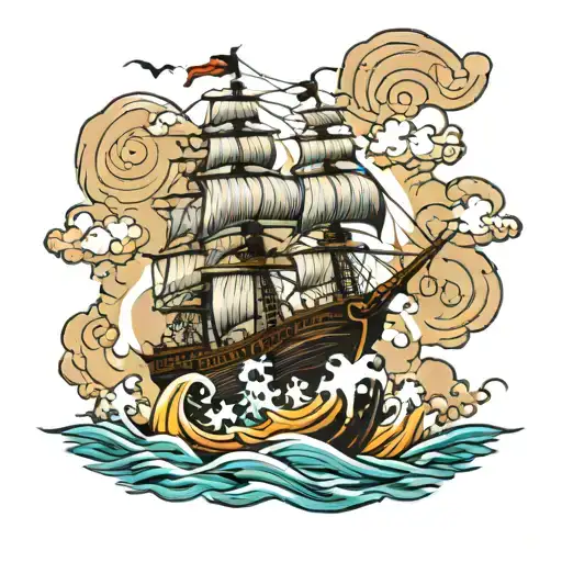 Pirate Ship Fighting Clouds And Waves Crashing