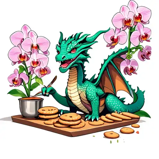 Whimsical Dragon Baking Cookies In A Kitchen Filled With Orchids