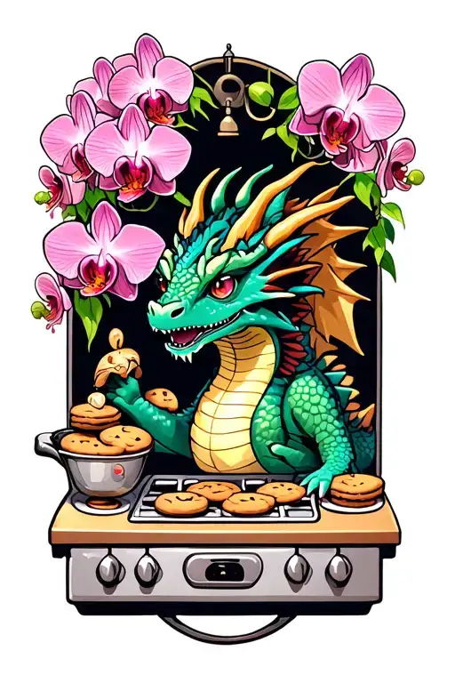 Whimsical Dragon Baking Cookies In A Kitchen Filled With Orchids