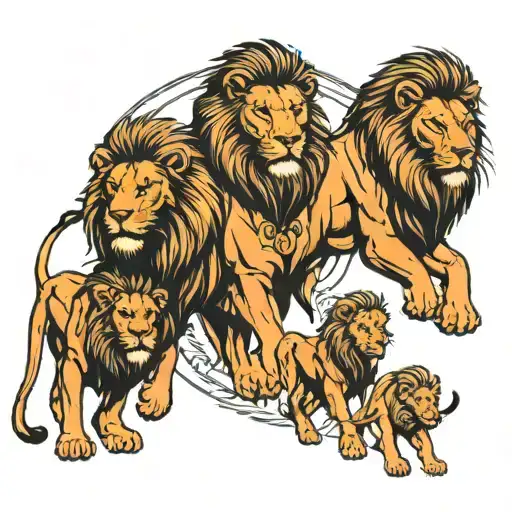 Lion Dad With Two Sons And One Daughter Walking