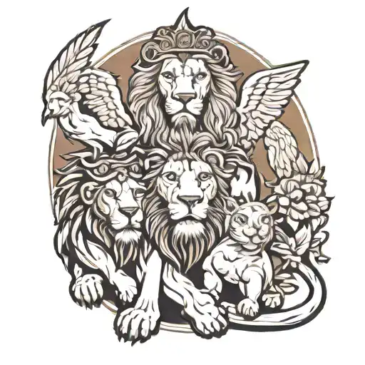 Lion Father And Three Children With Angel Above