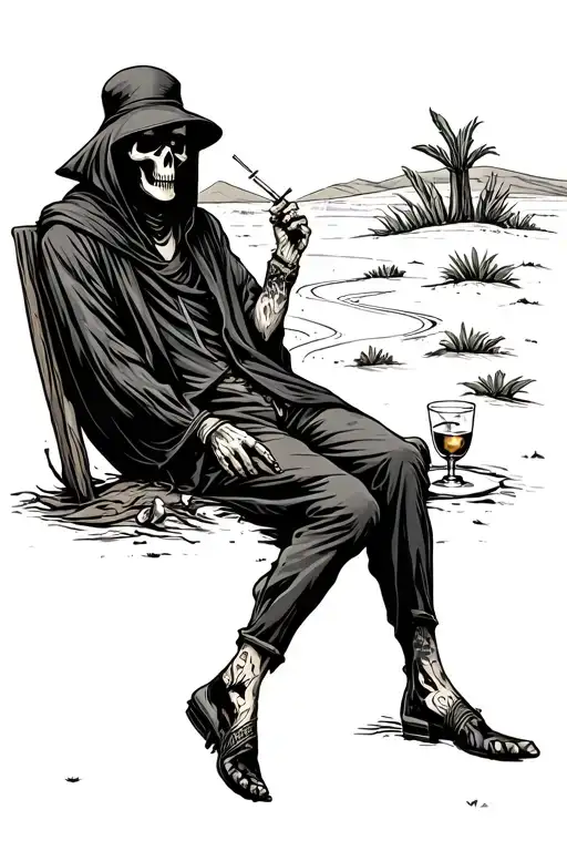 Grim Reaper Lounging At A Desert Oasis With A Drink And A Cigarette