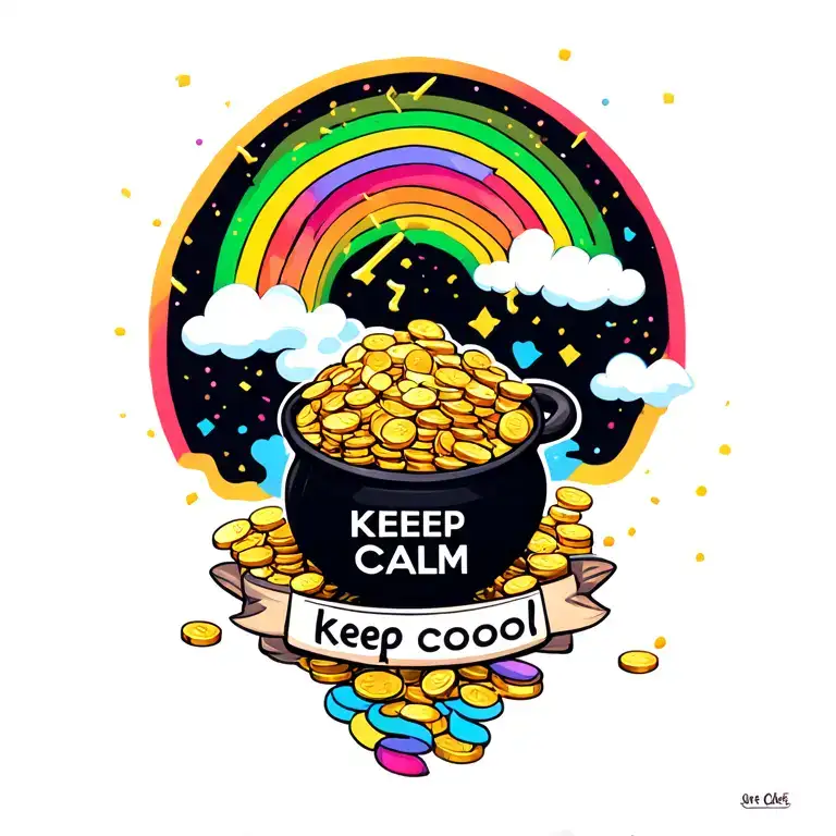 Rainbow And Pot Of Gold With Coins And A Banner That Says 'Keep Calm Keep Cool'
