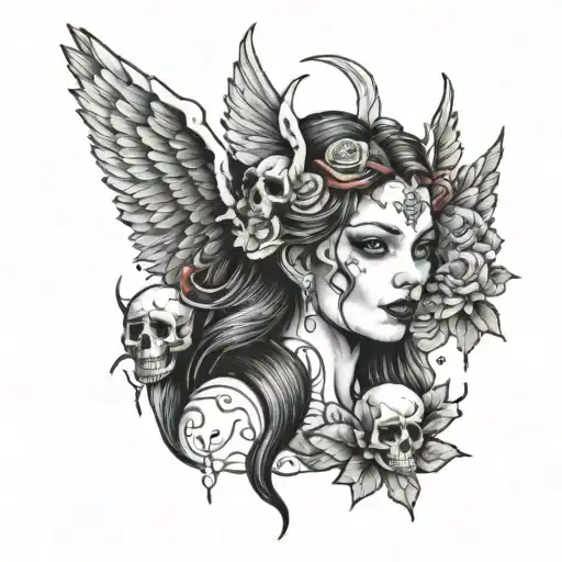 Generate A Black And White Tattoo With A Women That Is Half Angel Half Devil With Skulls And Doves