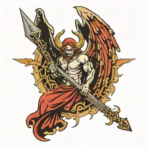 Design A Tattoo For Back With Fallen Angel Having Appearance Of A Devil Holding Trident
