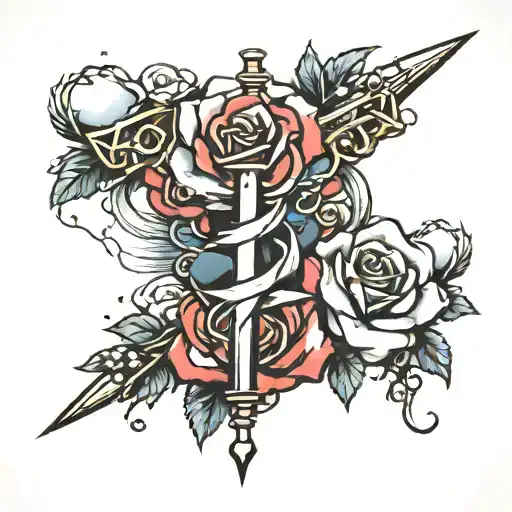 Lightning Bolt And Rosary Wrapped And Rose Intertwined And Clouds