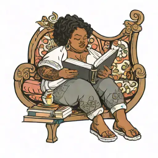 Overweight Black Woman Reading A Book In A Cozy Corner