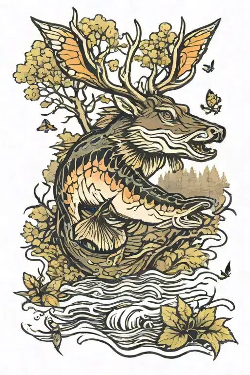 Buck Tattoo With Trees And A River In The Back With A Bass Coming Out The Water And Butterflies