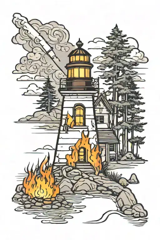 Lighthouse And Camp Fire In State Of Michigan Outline