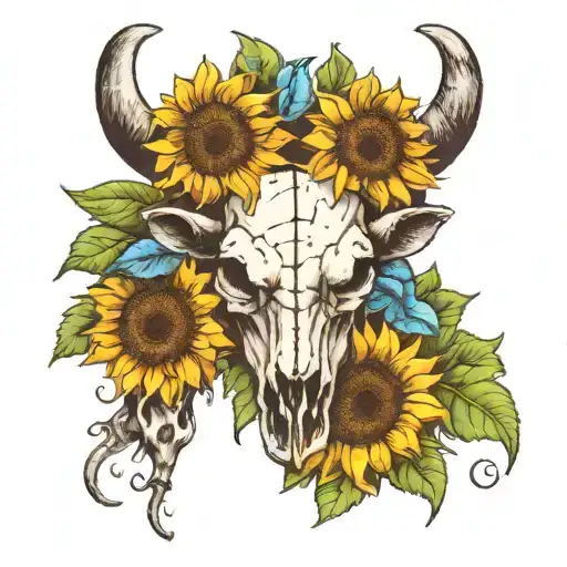 Cow Skull With Sunflower In Ear