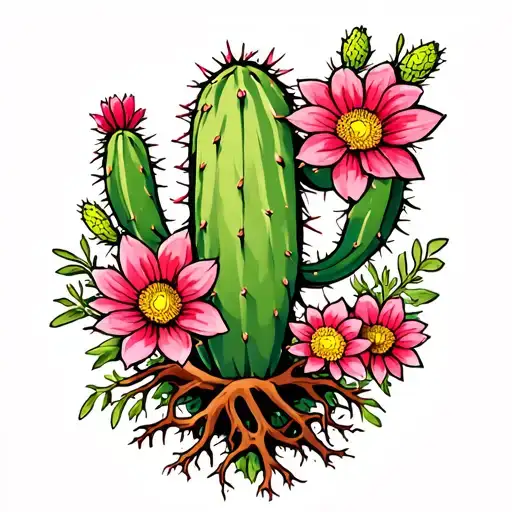 Cactus With Flowers And Roots