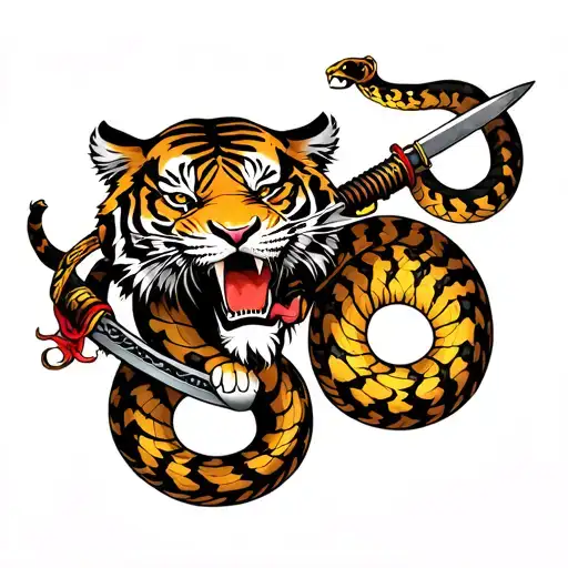 Tiger With Katana In Mouth Fighting A Snake
