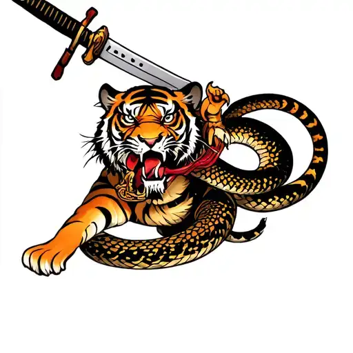 Tiger With Katana In Mouth Fighting A Snake