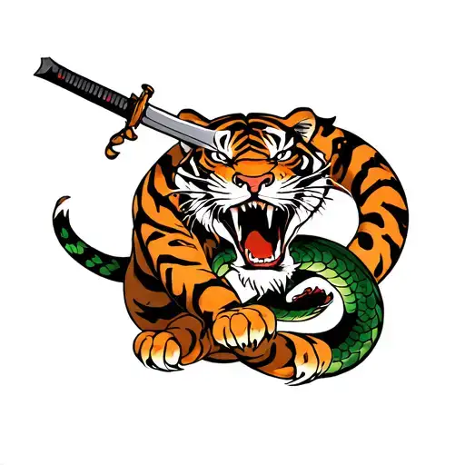 Tiger With Katana In Mouth Fighting A Snake