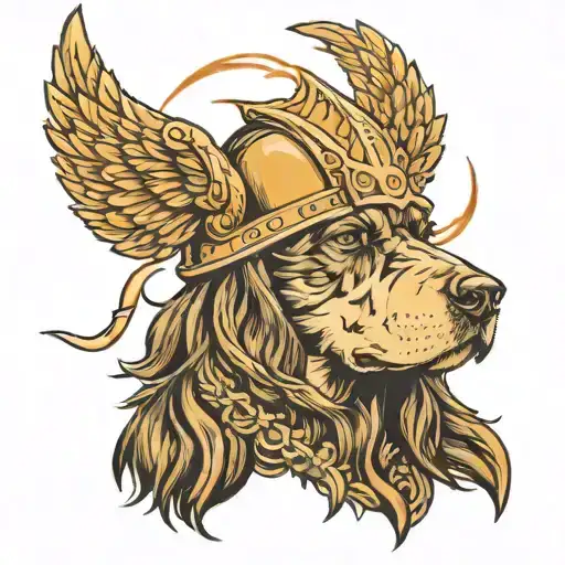 Spaniel Wearing Viking Helmet With Lightning Background