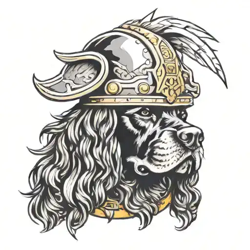 Black Cocker Spaniel Wearing Viking Helmet With Lightning Background Odin Theme