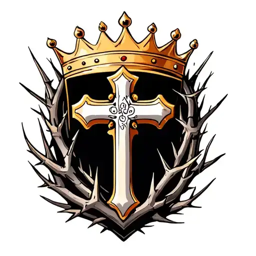 Cross Made Out Of Thorns Going Through A Gold Crown On A Shield