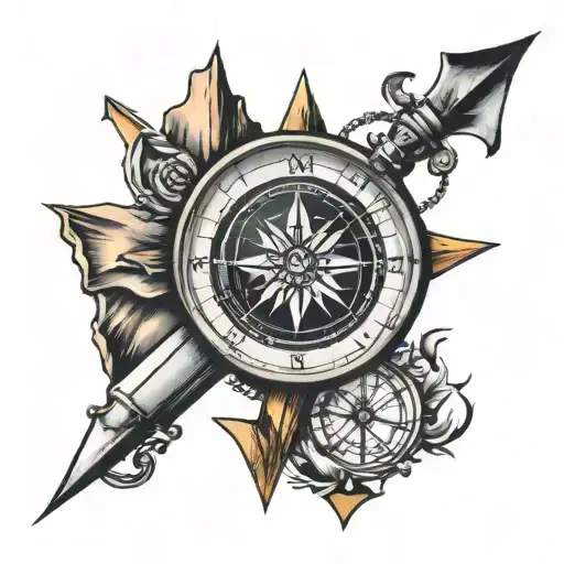 Compass With Mountains Inside And A Fancy Arrow Going All The Way Through The Compass