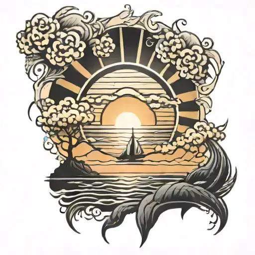 Large Sun Setting With Ocean Underneath