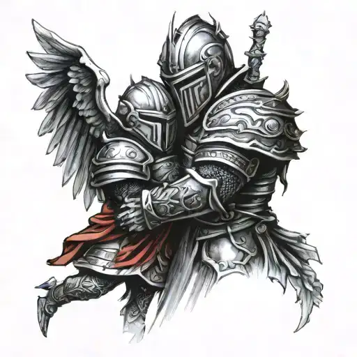 Ancient Knight Arms Wrapped Around Children Holding Hands