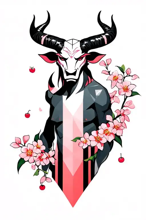 Oni Taurus Demon With Cherry Blossoms With Geometric