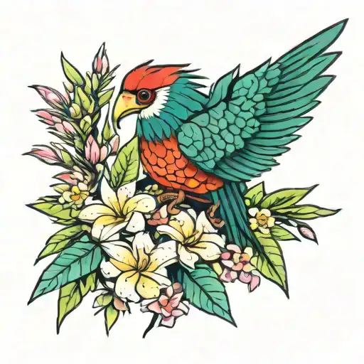 Quetzal Bird With Yucca Plant And Frangipani