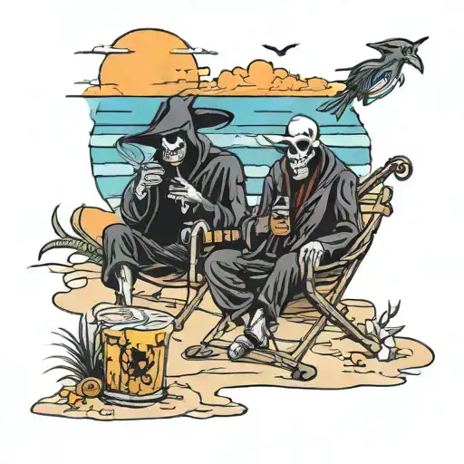 2 Grim Reapers On Vacation Sitting On The Beach Cheersing Drinks As The Sunset Goes Down