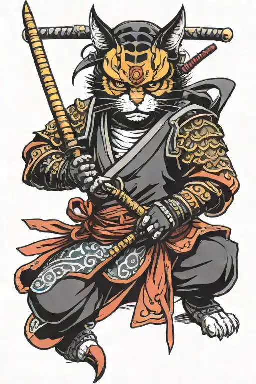 Cat Samurai In An Oni Mask