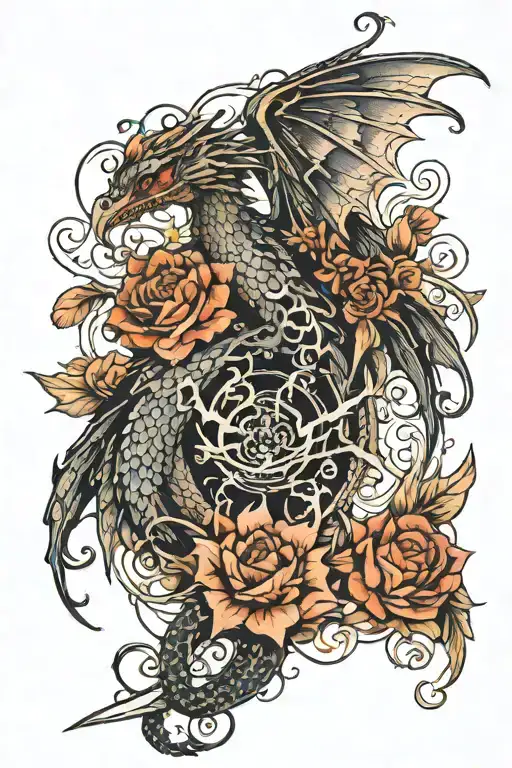 Dragon And Crow With Floral Patterns