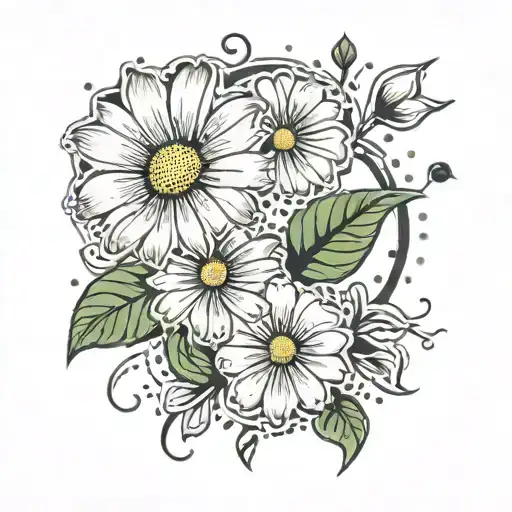 Daisy And Morning Glory Flower With Dotted Circle And Points