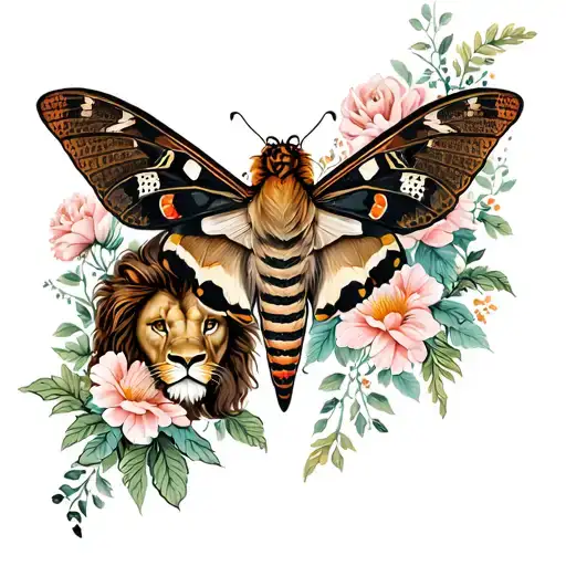 Moth And Female Lion And Flowers Surrounding