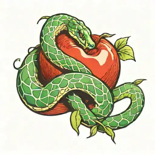 Green Snake Coiled Around Arm Biting Into A Red Apple