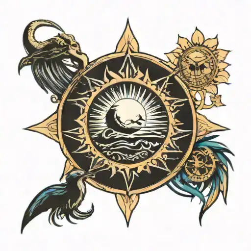 The Names Taylan Landon Kylie Ashton On A Shoulder Tattoo With A Large Sun And Ocean