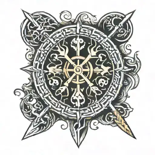 Vegvisir With Viking Axes In Background