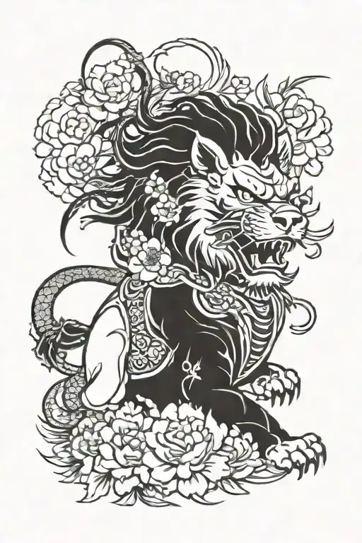 Japan Lion Sakura Samurai And Dragon