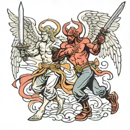Angel Holding Sword Fighting Devil Holding A Gun
