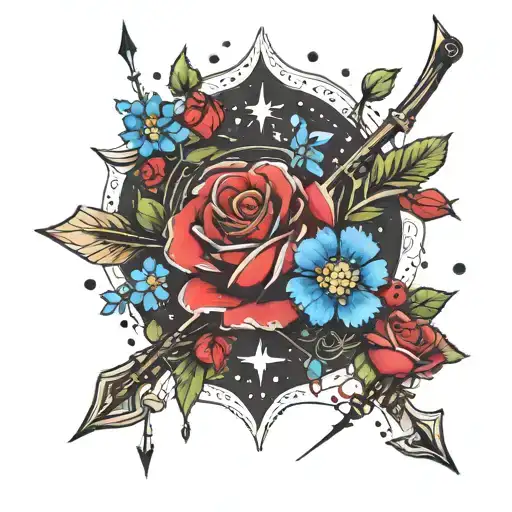 Bow And Arrow With Red Rose And Blue Forget Me Not Flowers With Pisces And Cancer Constellation